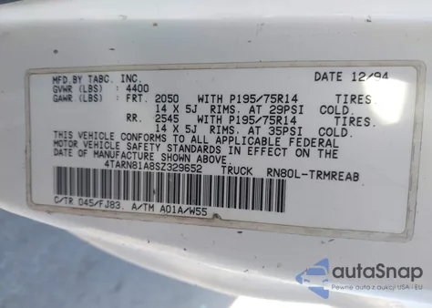 1995 Toyota Pickup 1/2 Ton Short Whlbase Stb z USA, uszkodzony, nr VIN 4TARN81A8SZ329652